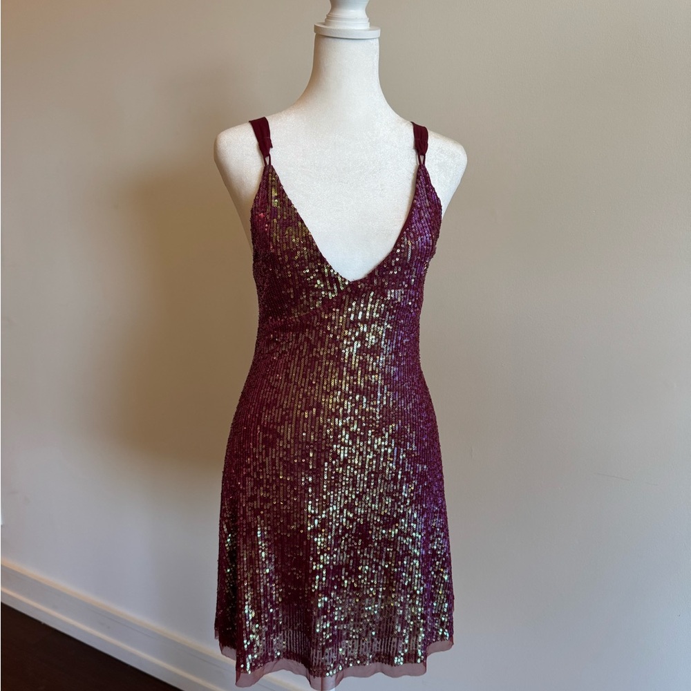 Free People Burgundy Sequin Embellished Babydoll Mini Dress